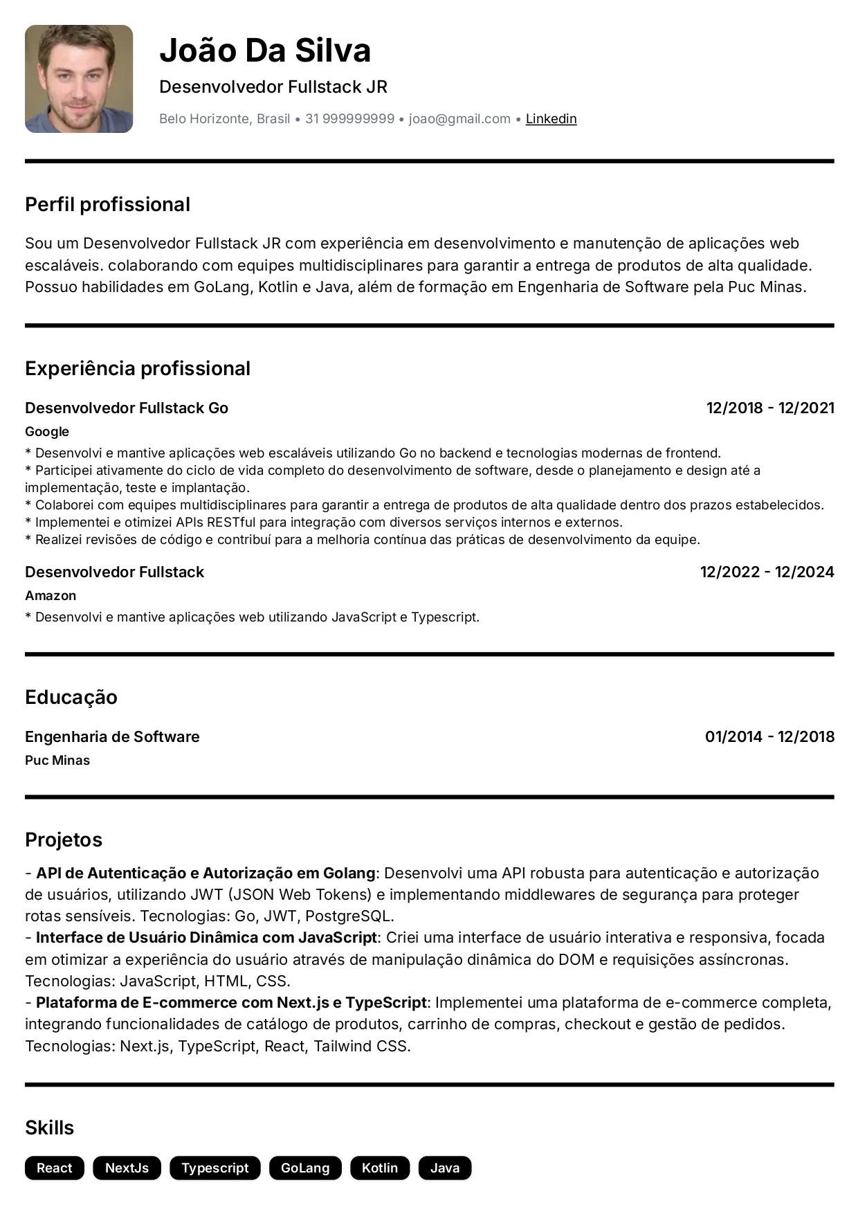 Preview de currículo gerado pela IA